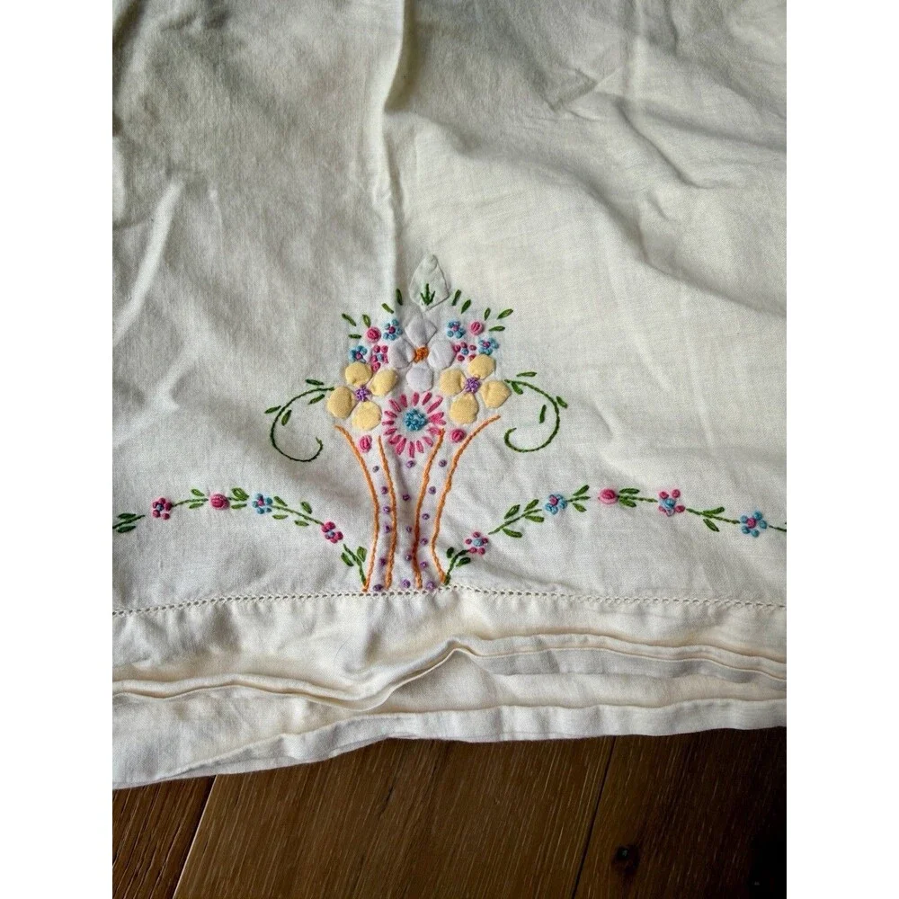 Vintage Handmade Embroidered Standard Pillowcases Floral Set Of 2 Matching